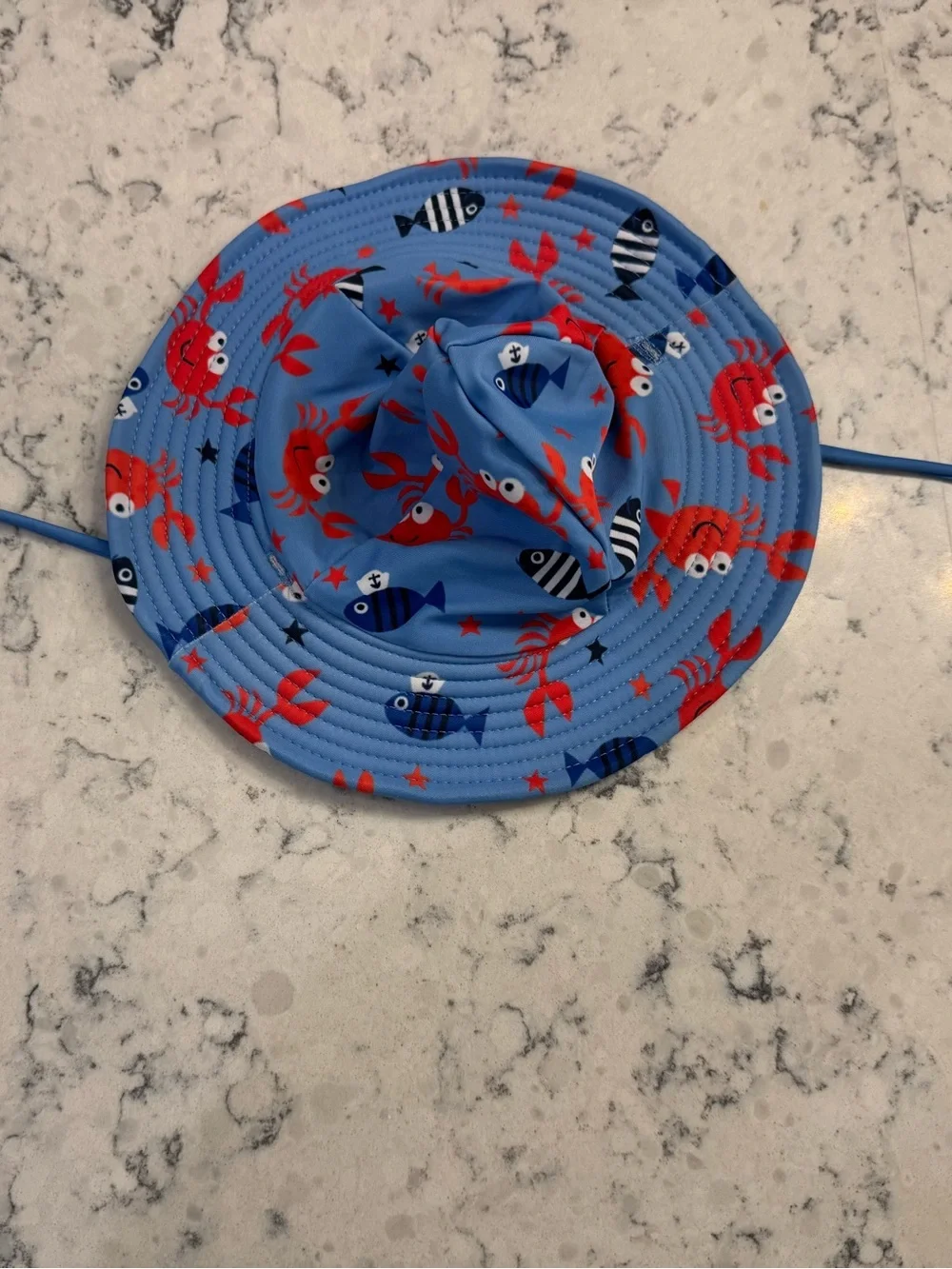 Shark Patrol Blue Sun Hat with Red Crab & Fish Print. Chin strap. 6mo. Swimming